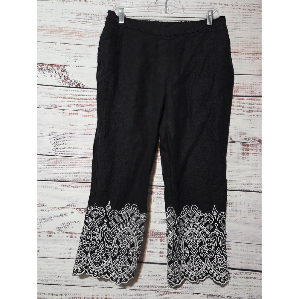 Chicos Black Linen Blend Embroidered Eyelet Crop Pants Womens Size 1P 8P Petite